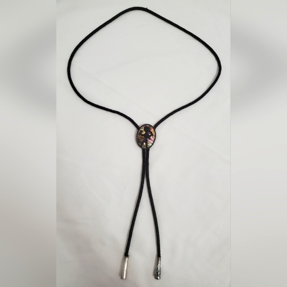 Vintage Native American Sterling Silver Abalone & Leather Bolo Tie - Picture 5 of 13
